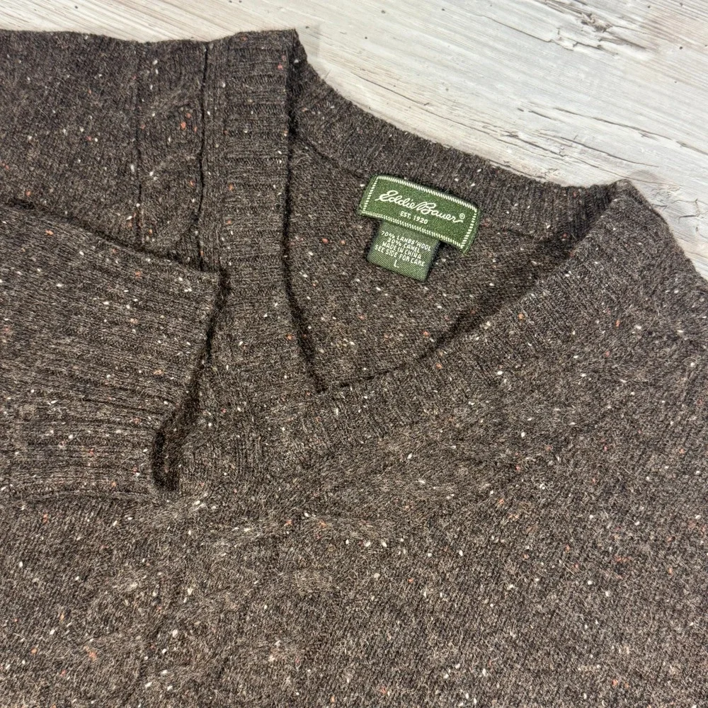Eddie Bauer Sweater Mens L Brown Lambswool Camel Knit Preppy Cable Pullover‎